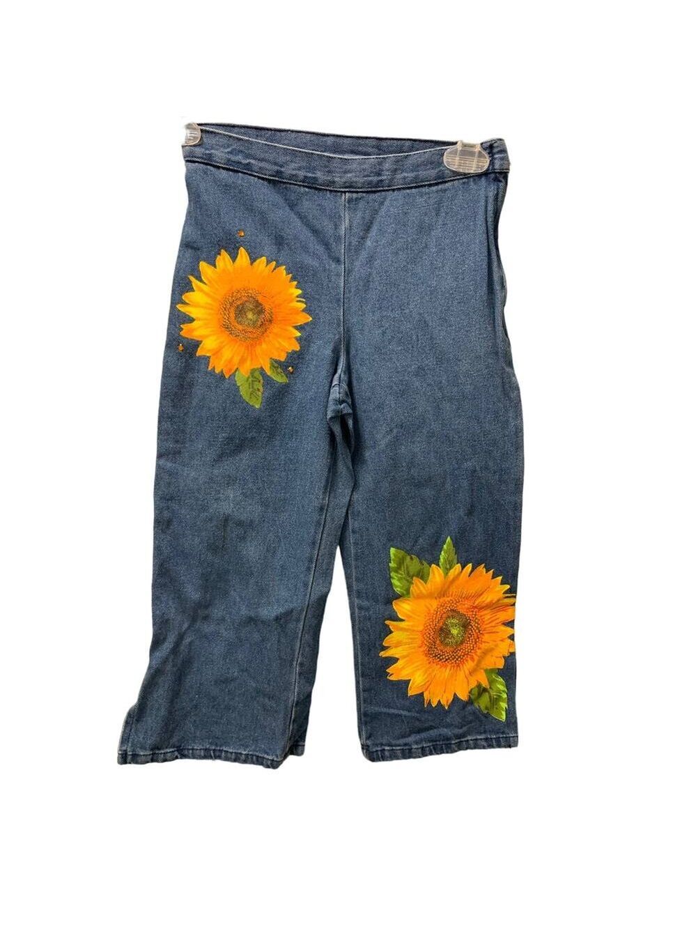 My Michelle Vintage Sunflower Wide Leg Pull On 3/4 Denim Jeans Blue 8 child sz